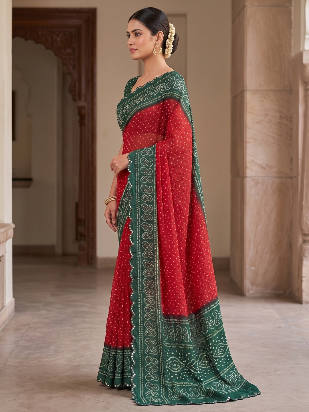 Peachmode Red Bandhani Mirror Work Chiffon Saree - Image 3