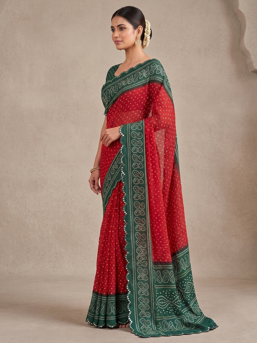 Peachmode Red Bandhani Mirror Work Chiffon Saree - Image 4