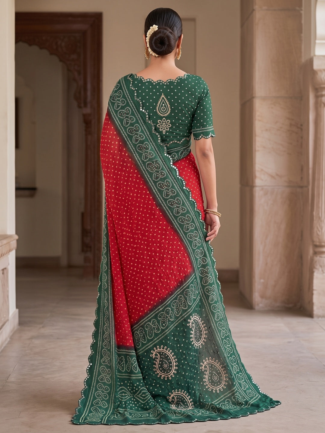Peachmode Red Bandhani Mirror Work Chiffon Saree - Image 5