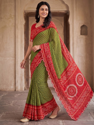 Peachmode Olive Green Bandhani Mirror Work Chiffon Saree - Image 2