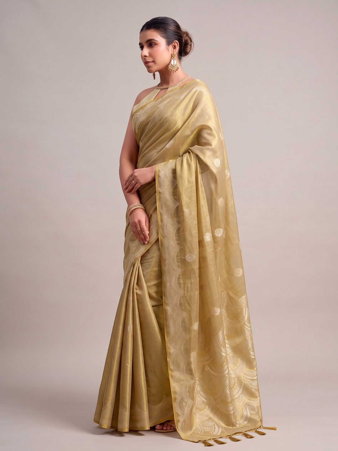 Peachmode Gold Woven Tissue Silk Saree - Image 4
