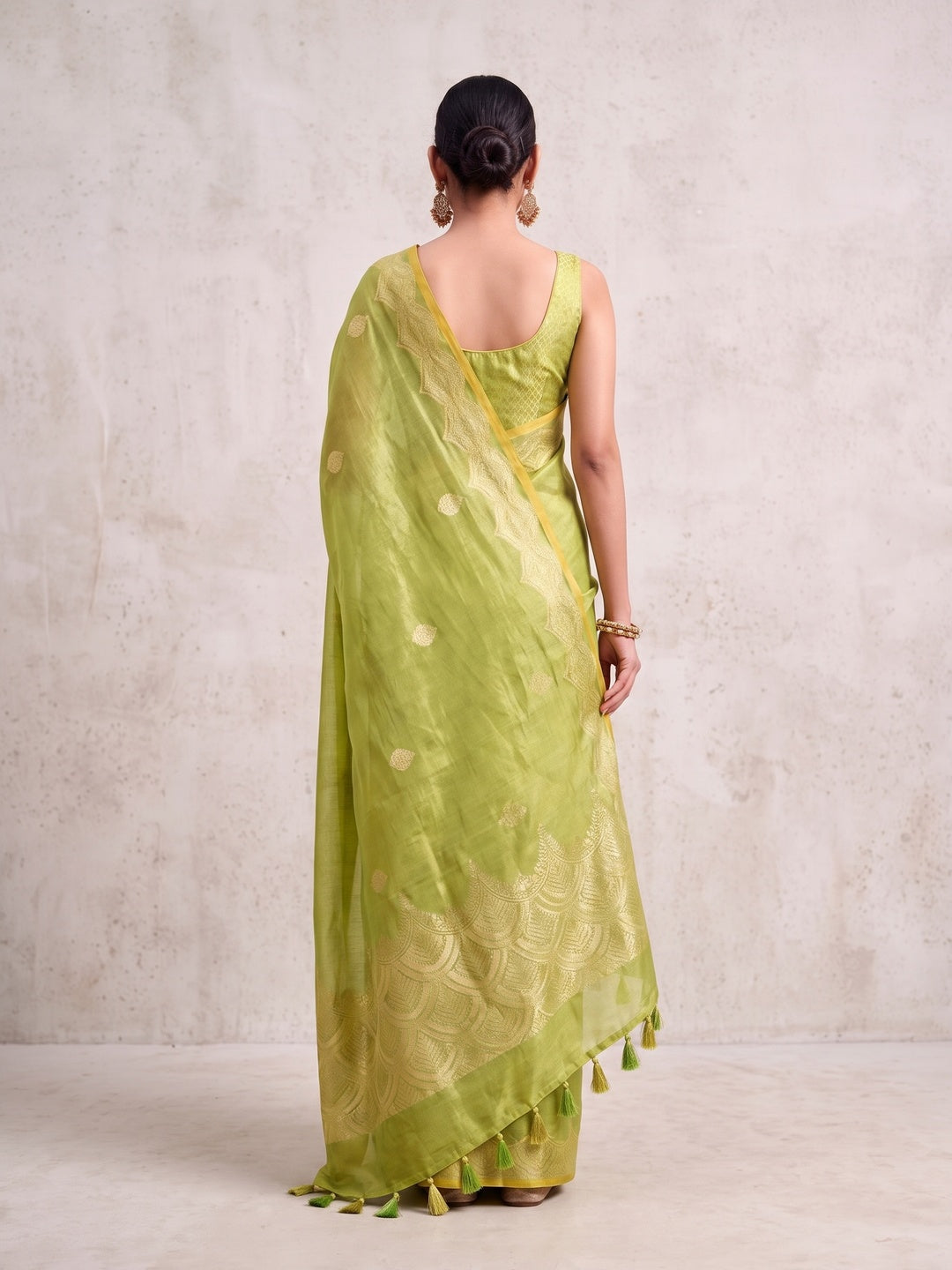 Peachmode Lime Green Woven Tissue Silk Saree - Image 3