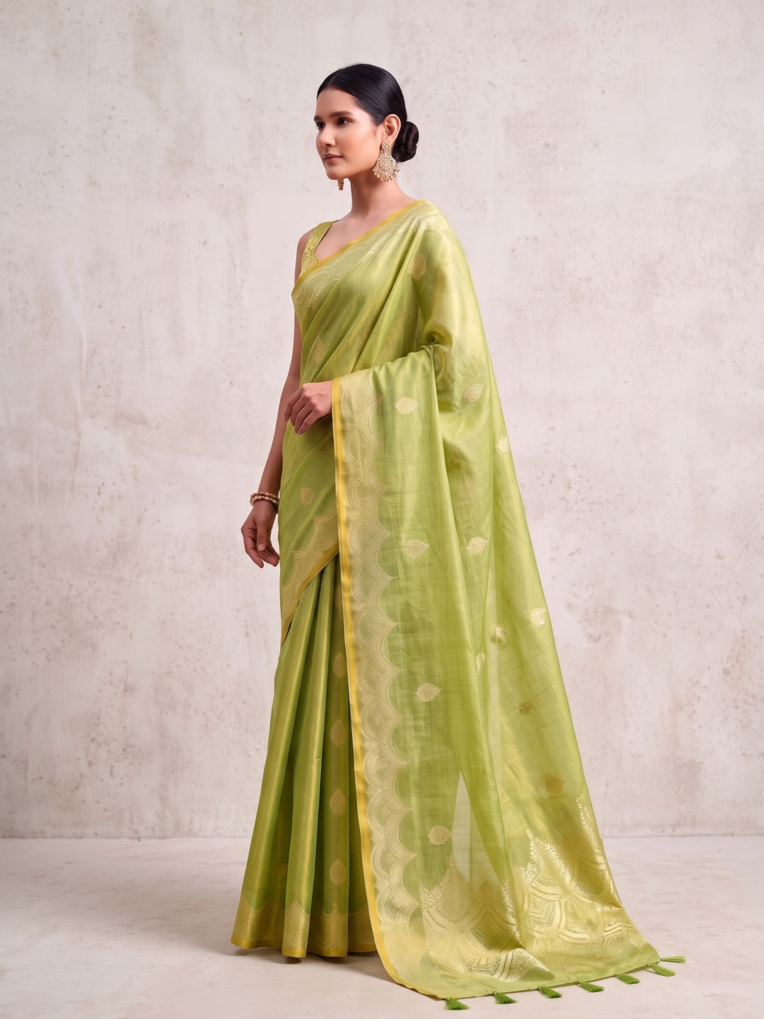 Peachmode Lime Green Woven Tissue Silk Saree - Image 4