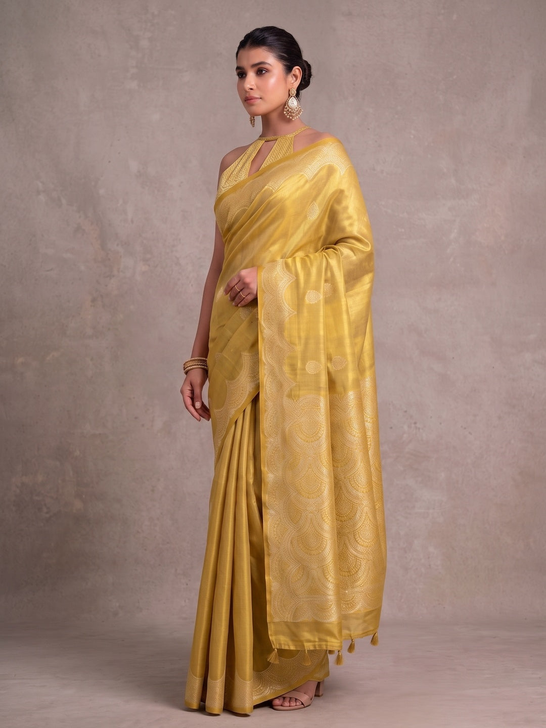 Peachmode Mustard Woven Tissue Silk Saree - Image 4