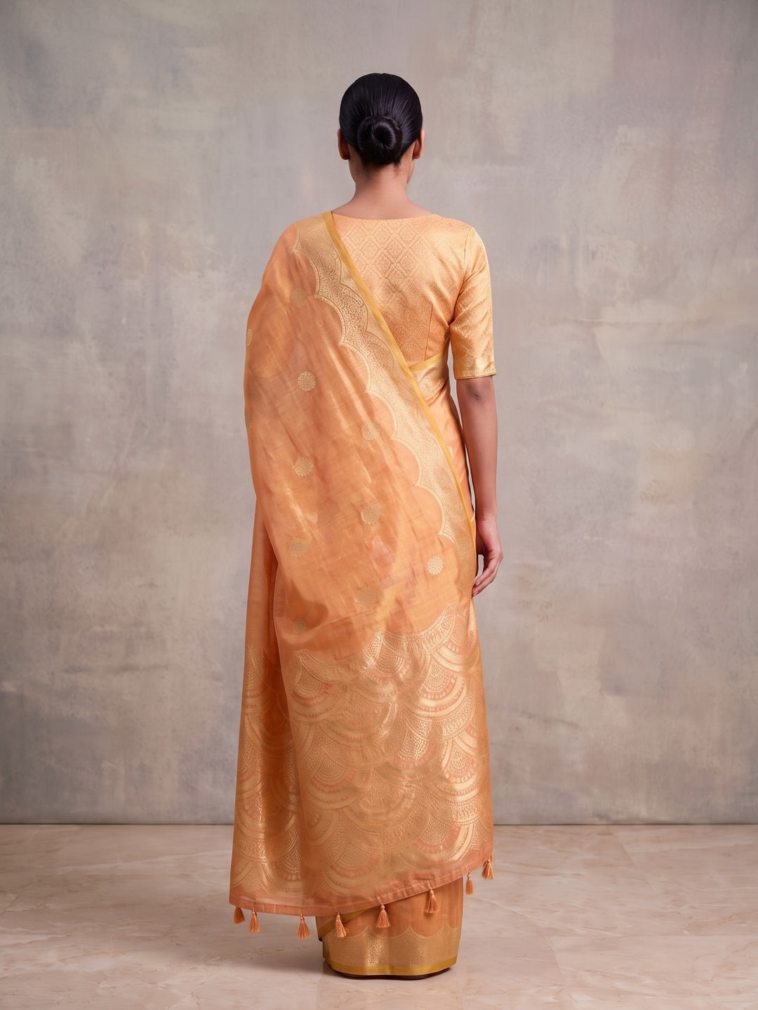 Peachmode Orange Woven Tissue Silk Saree - Image 3