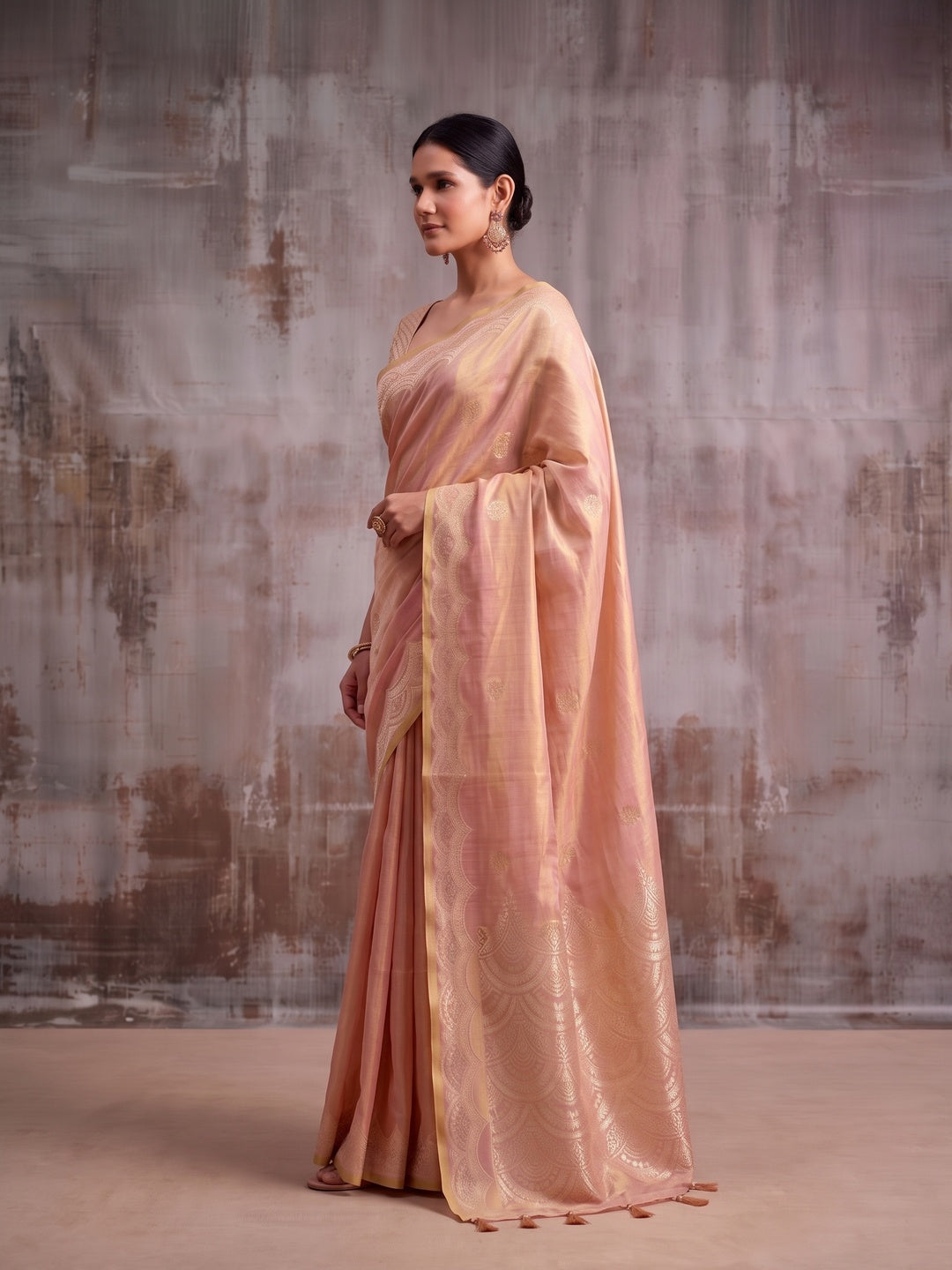 Peachmode Peach Woven Tissue Silk Saree - Image 4