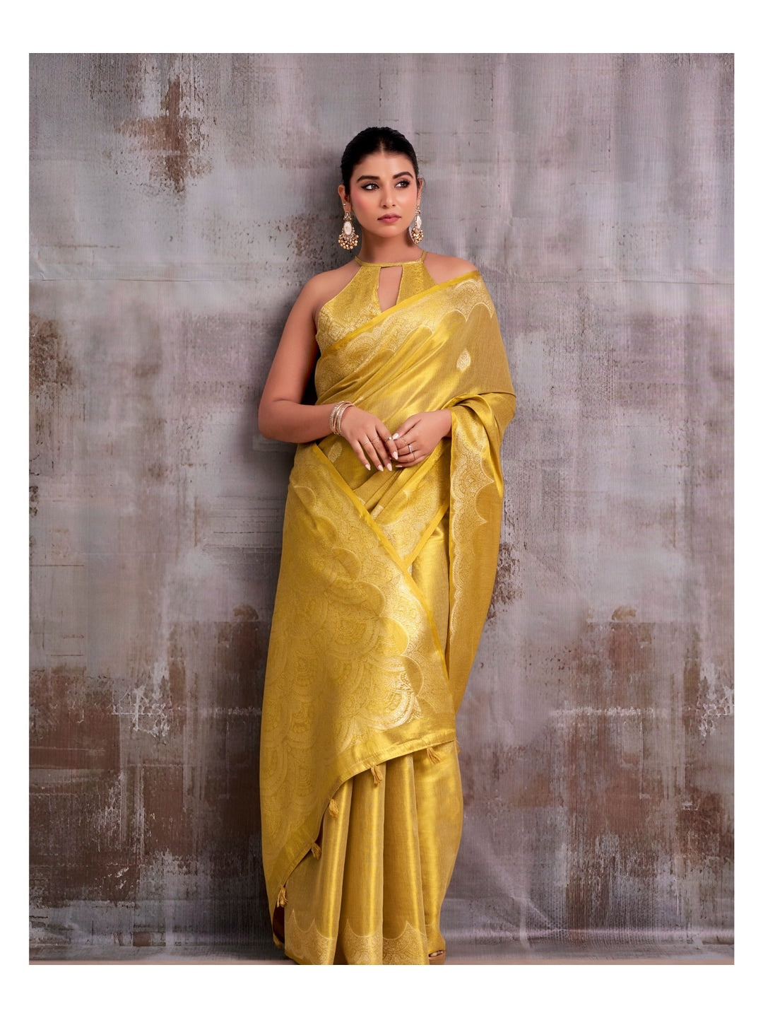 Peachmode Mustard Woven Tissue Silk Saree - Image 2