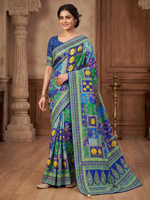 Peachmode Blue Mirror Work Chinon Silk Saree - Image 1