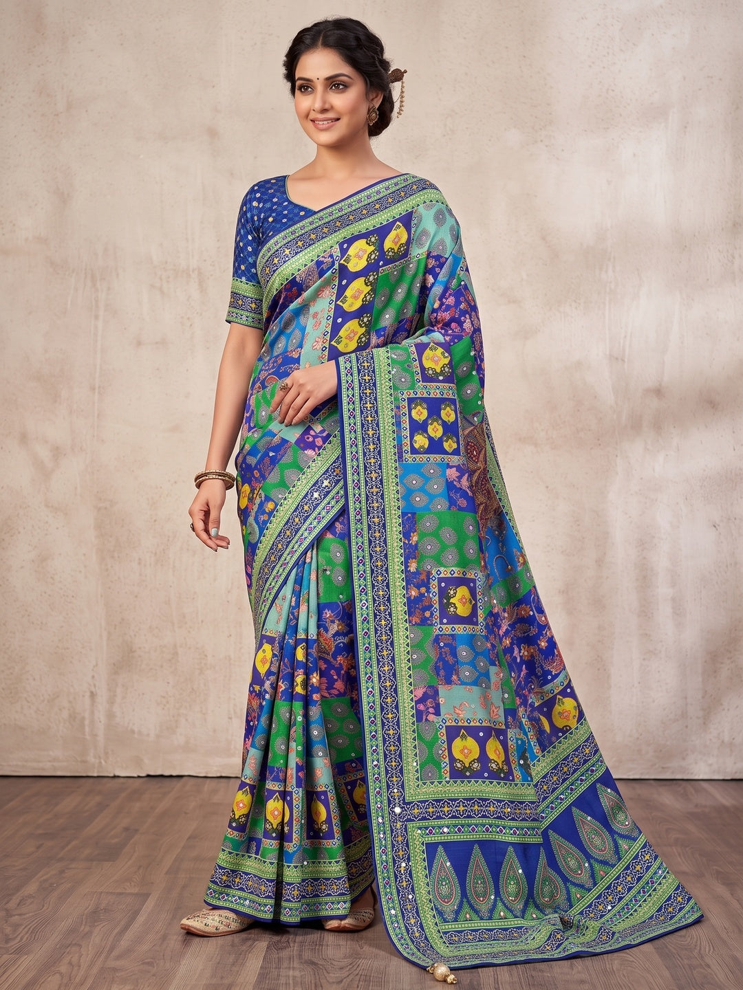 Peachmode Blue Mirror Work Chinon Silk Saree - Image 2