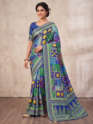 Peachmode Blue Mirror Work Chinon Silk Saree - Image 2