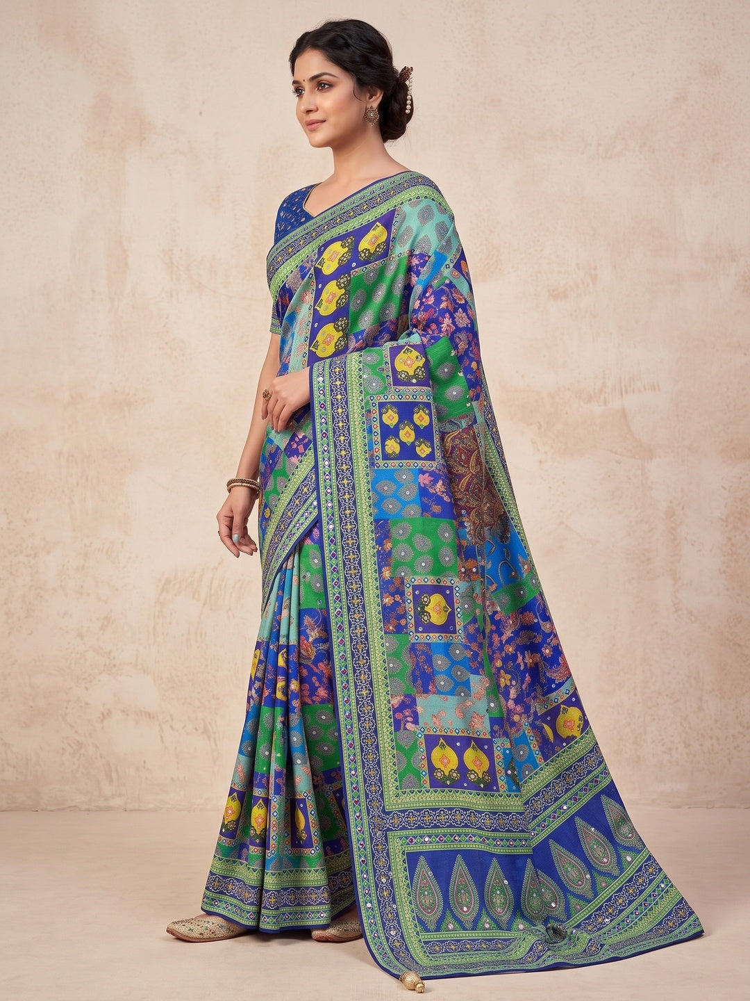 Peachmode Blue Mirror Work Chinon Silk Saree - Image 3