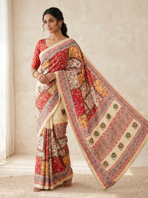 Peachmode Cream Mirror Work Chinon Silk Saree - Image 1