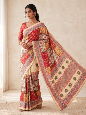 Peachmode Cream Mirror Work Chinon Silk Saree - Image 2