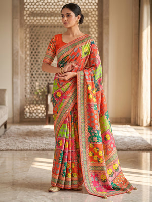 Peachmode Orange Mirror Work Chinon Silk Saree - Image 1
