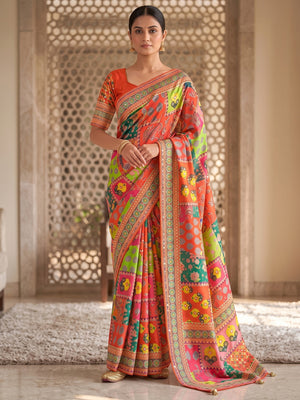 Peachmode Orange Mirror Work Chinon Silk Saree - Image 2