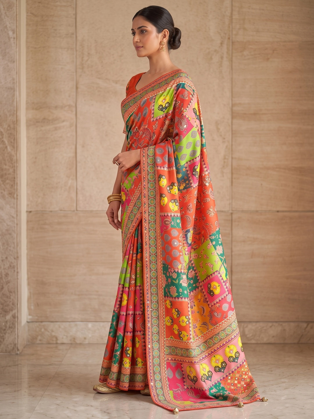 Peachmode Orange Mirror Work Chinon Silk Saree - Image 4