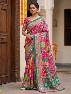 Peachmode Pink Mirror Work Chinon Silk Saree - Image 1
