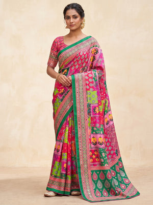Peachmode Pink Mirror Work Chinon Silk Saree - Image 2