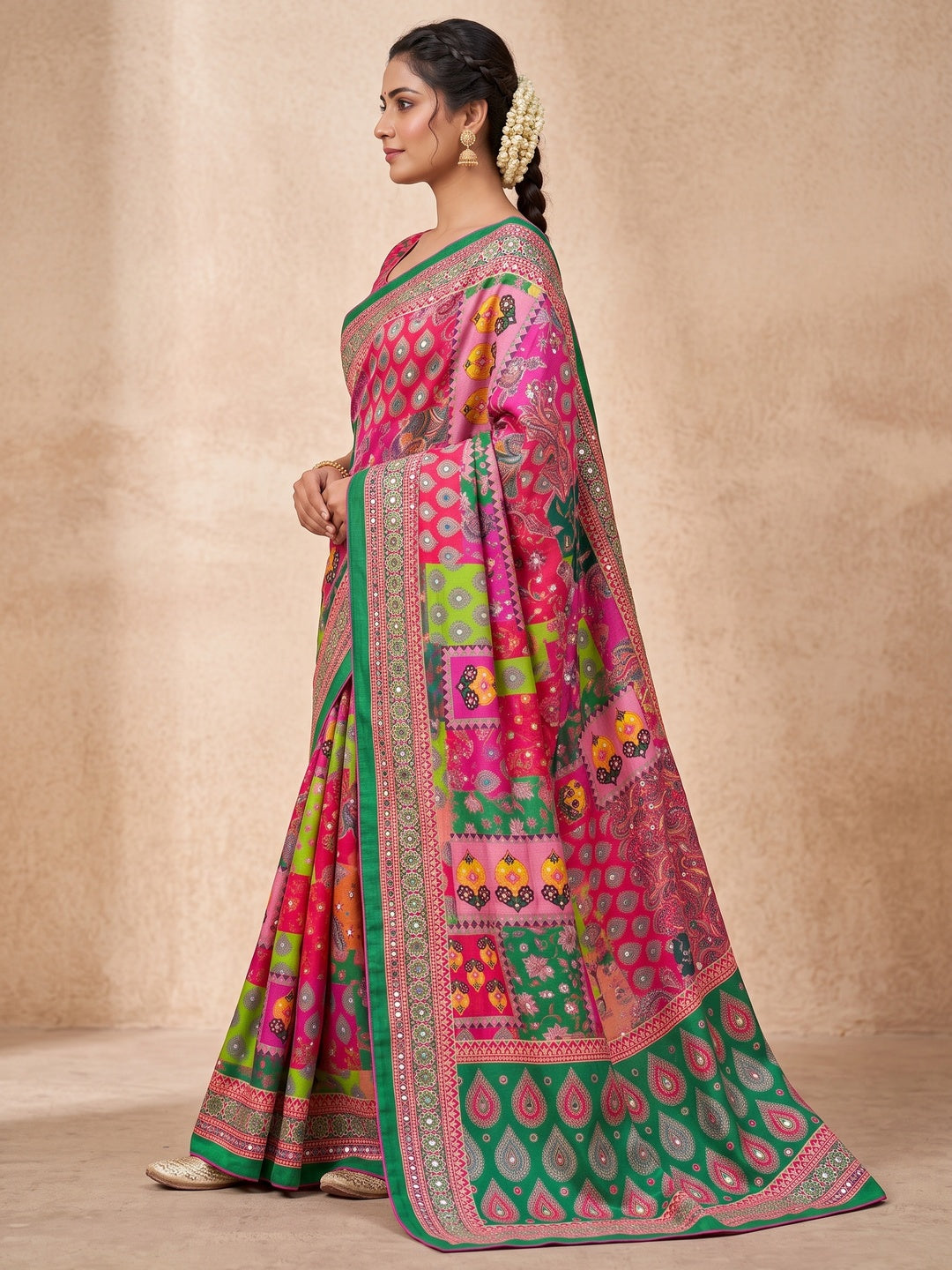 Peachmode Pink Mirror Work Chinon Silk Saree - Image 3
