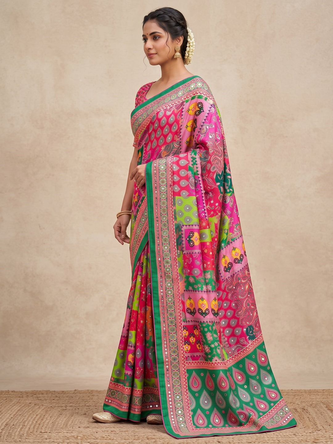 Peachmode Pink Mirror Work Chinon Silk Saree - Image 4