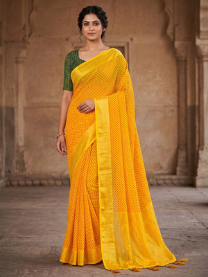 Peachmode Yellow Bandhani Woven Border Chiffon Saree - Image 1