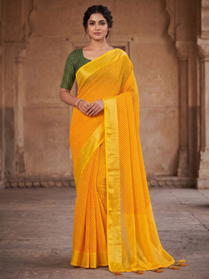 Peachmode Yellow Bandhani Woven Border Chiffon Saree - Image 2
