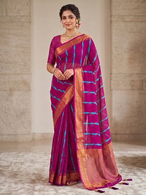 Peachmode Magenta Ikat Woven Border Chiffon Saree - Image 2
