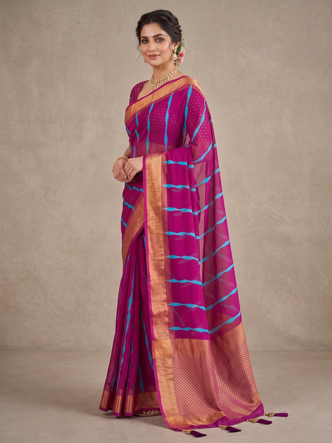 Peachmode Magenta Ikat Woven Border Chiffon Saree - Image 4