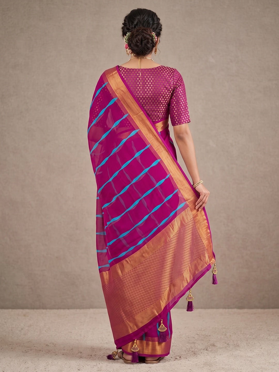 Peachmode Magenta Ikat Woven Border Chiffon Saree - Image 5