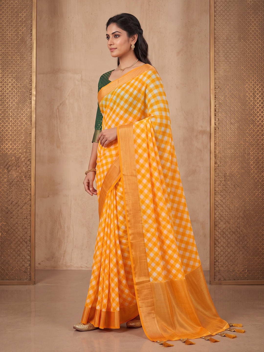 Peachmode Orange Checked Woven Border Chiffon Saree - Image 4