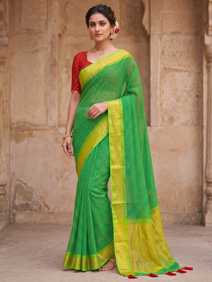 Peachmode Green Leheriya Woven Border Chiffon Saree - Image 2