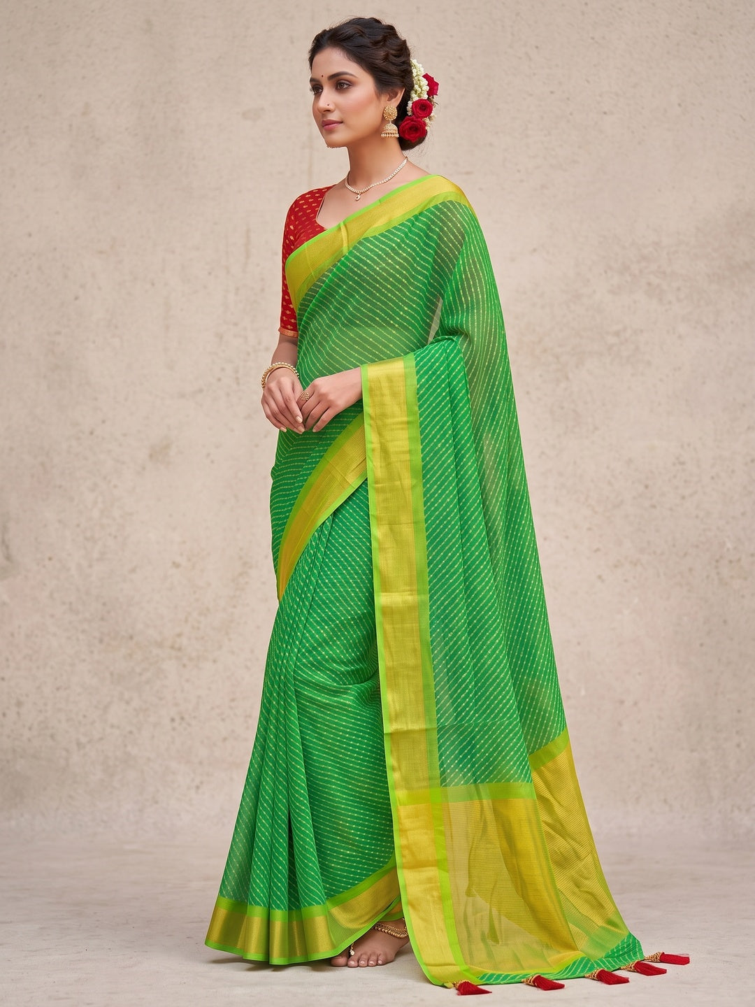Peachmode Green Leheriya Woven Border Chiffon Saree - Image 3