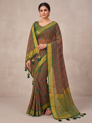 Peachmode Multicolor Striped Woven Border Chiffon Saree - Image 2