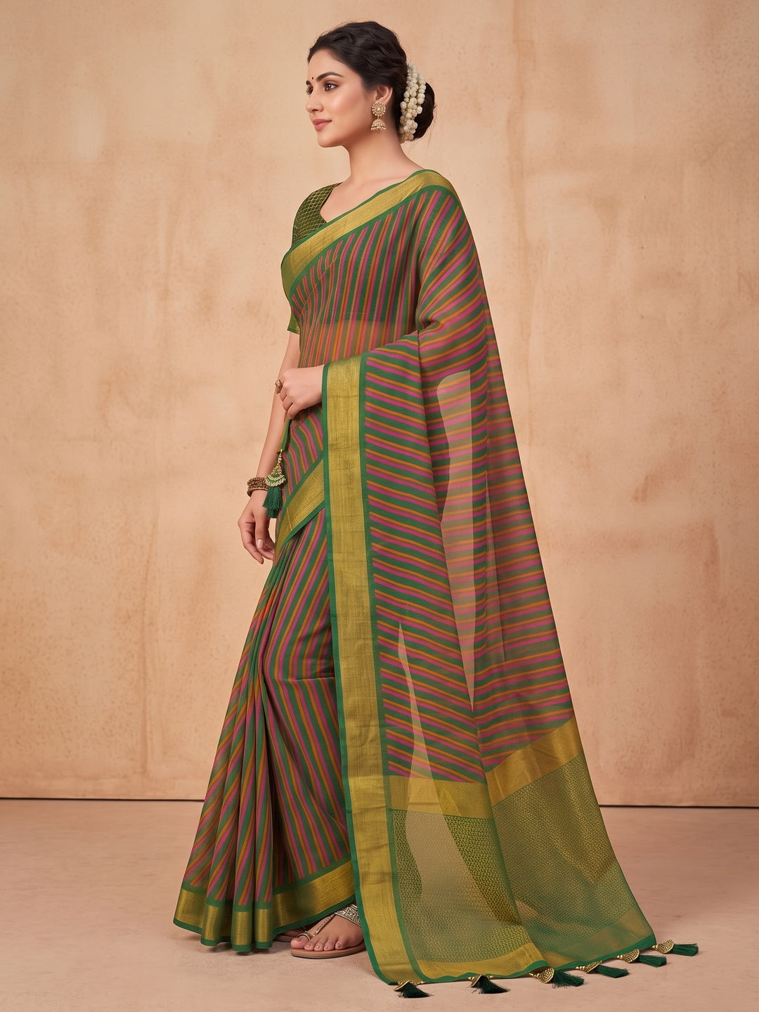 Peachmode Multicolor Striped Woven Border Chiffon Saree - Image 3
