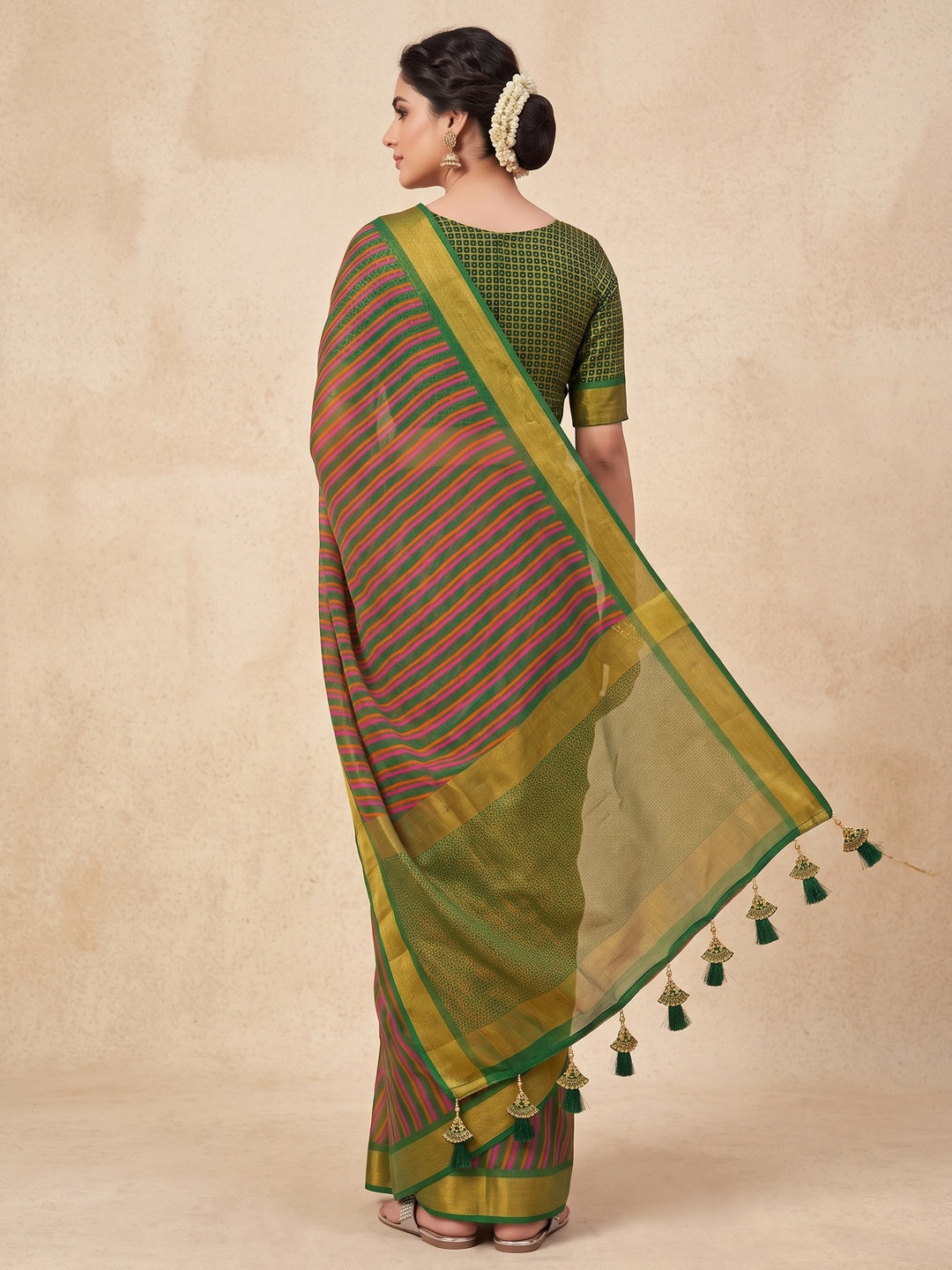 Peachmode Multicolor Striped Woven Border Chiffon Saree - Image 5
