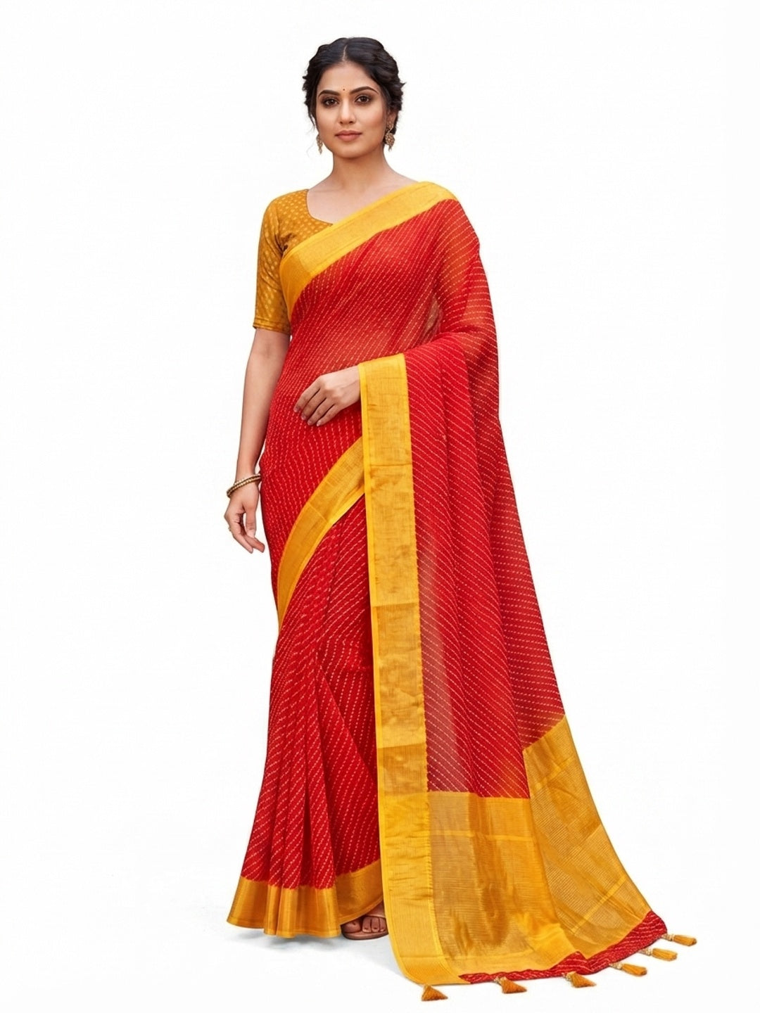 Peachmode Red Bandhani Woven Border Chiffon Saree - Image 5