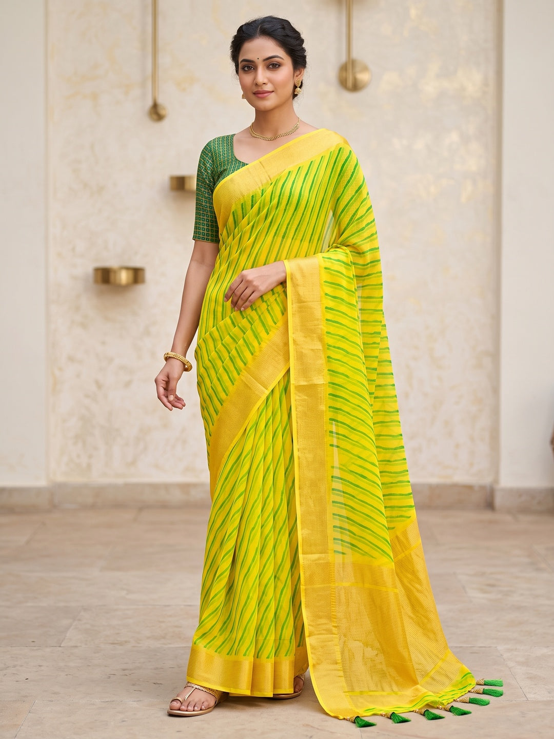 Peachmode Yellow Green Ikat Woven Border Chiffon Saree - Image 1