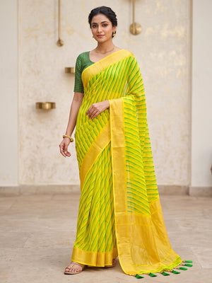 Peachmode Yellow Green Ikat Woven Border Chiffon Saree - Image 1