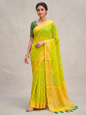Peachmode Yellow Green Ikat Woven Border Chiffon Saree - Image 2