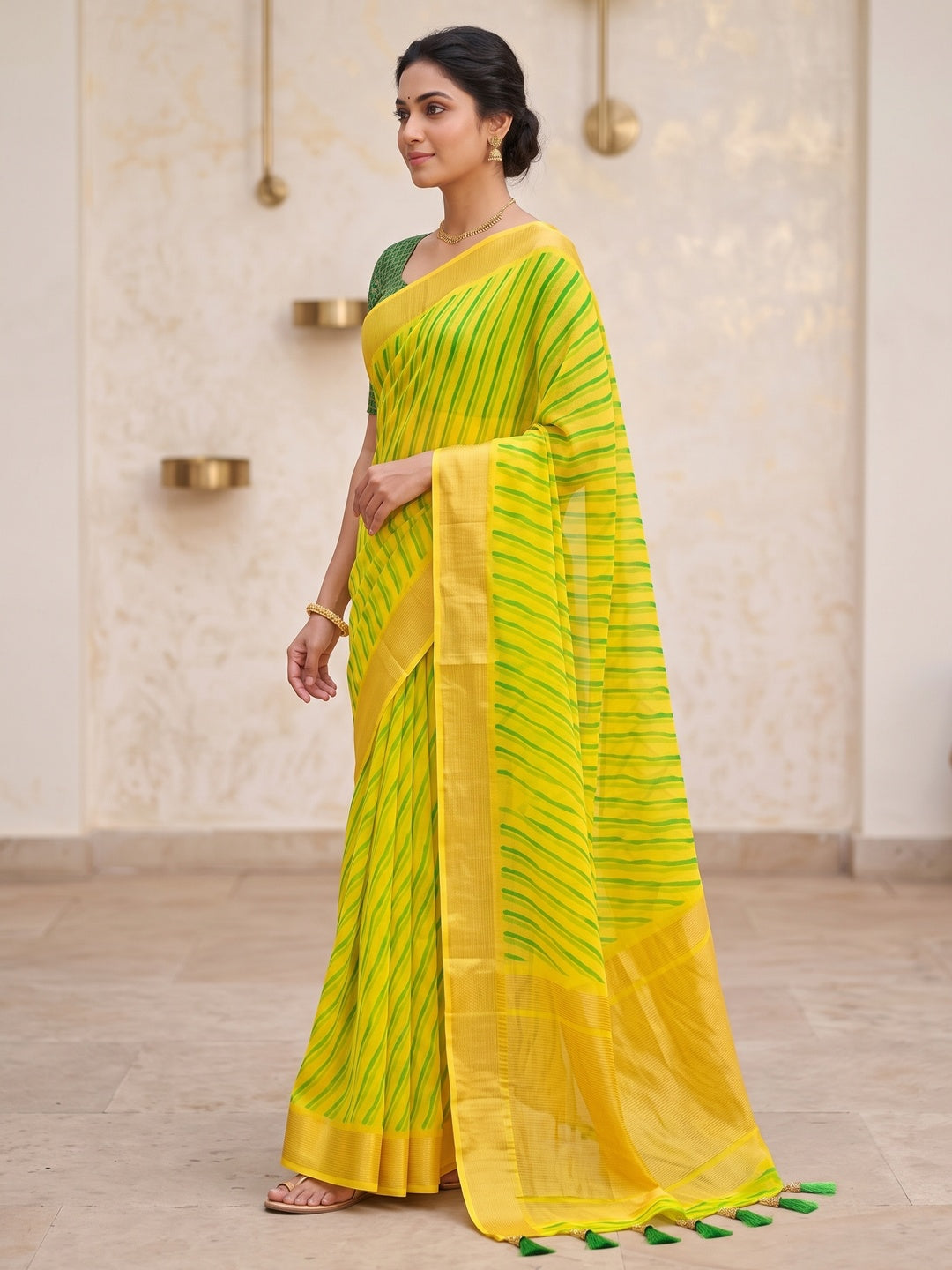 Peachmode Yellow Green Ikat Woven Border Chiffon Saree - Image 3