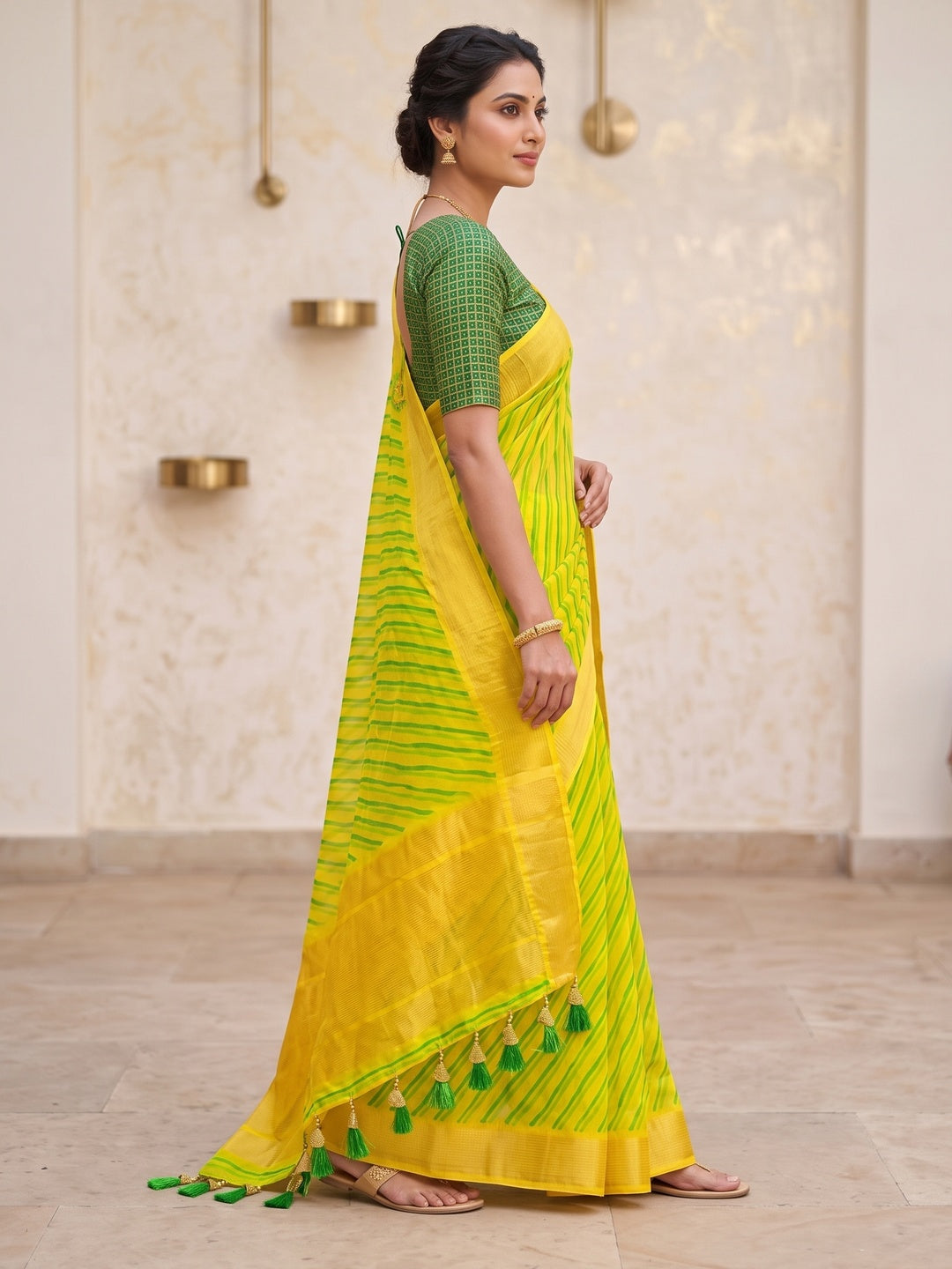 Peachmode Yellow Green Ikat Woven Border Chiffon Saree - Image 4