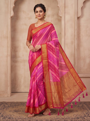 Peachmode Pink Leheriya Woven Border Chiffon Saree - Image 2