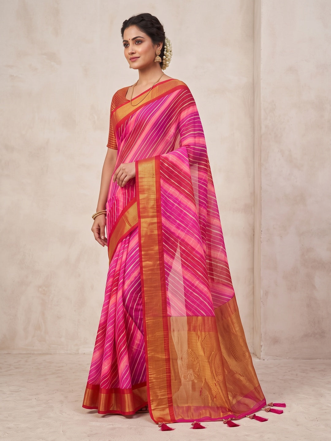 Peachmode Pink Leheriya Woven Border Chiffon Saree - Image 3