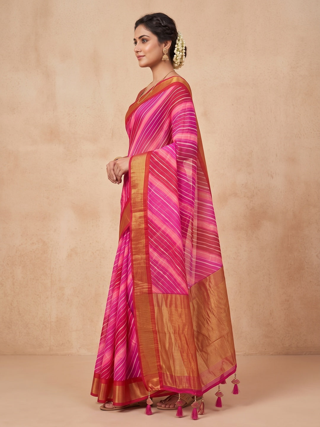 Peachmode Pink Leheriya Woven Border Chiffon Saree - Image 4