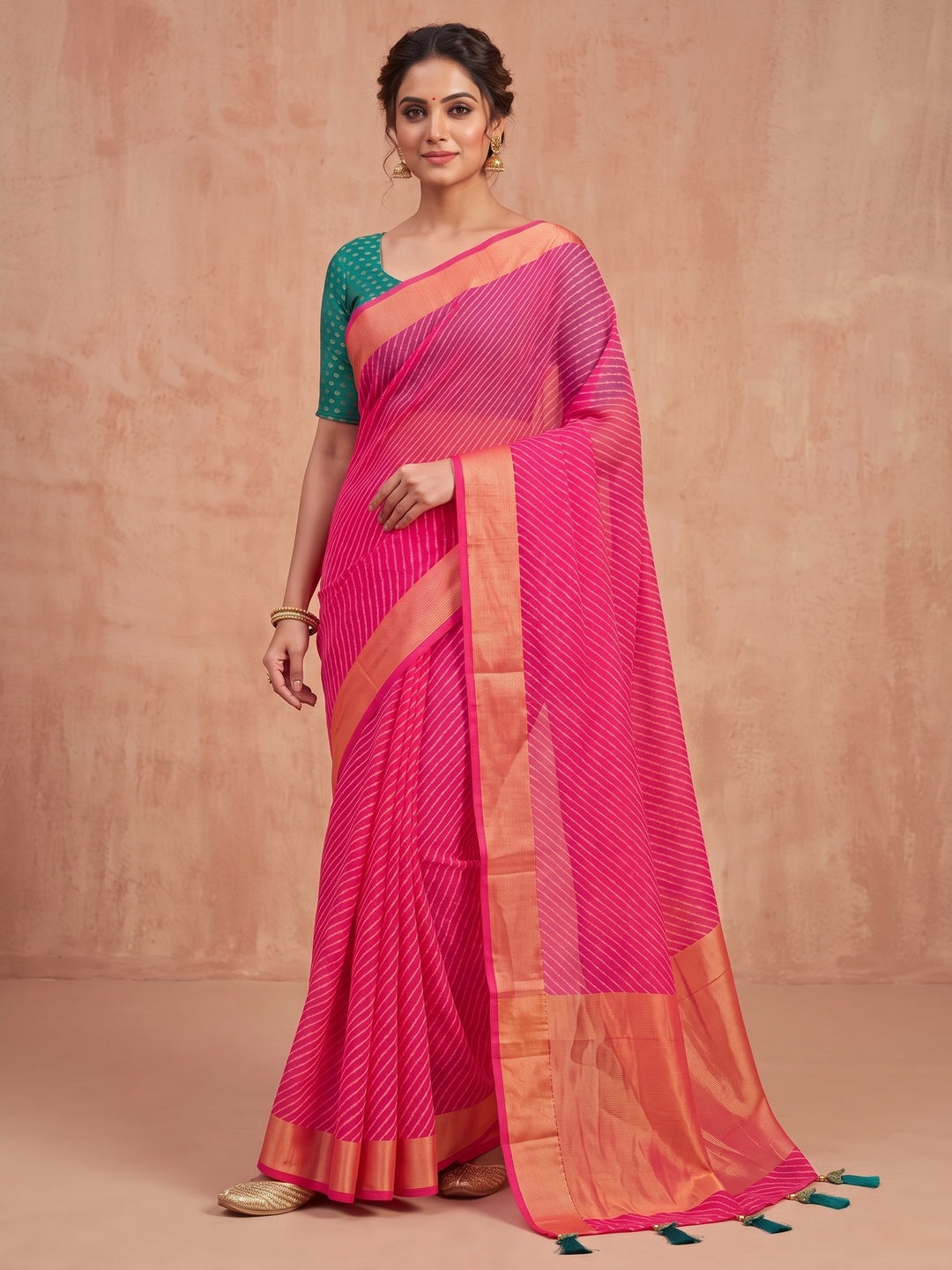 Peachmode Pink Leheriya Woven Border Chiffon Saree - Image 2