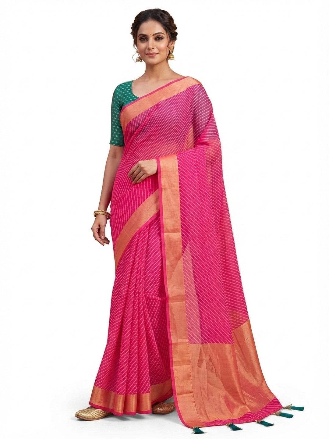 Peachmode Pink Leheriya Woven Border Chiffon Saree - Image 5