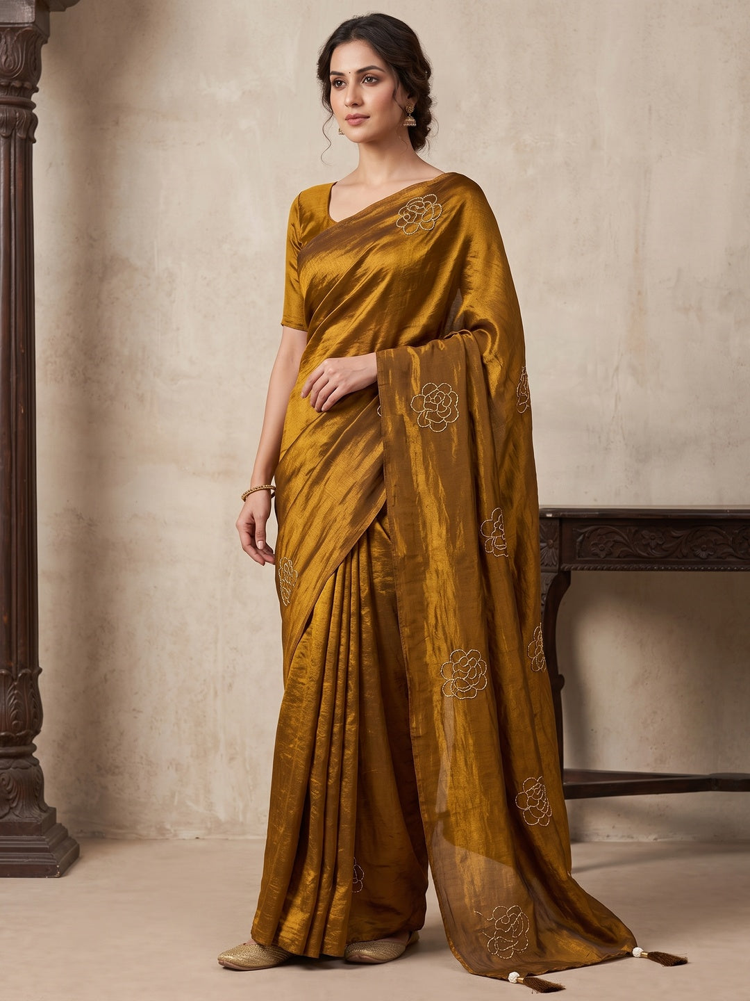 Peachmode Mustard Satin Floral Embroidered Saree - Image 1