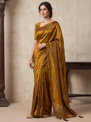Peachmode Mustard Satin Floral Embroidered Saree - Image 1