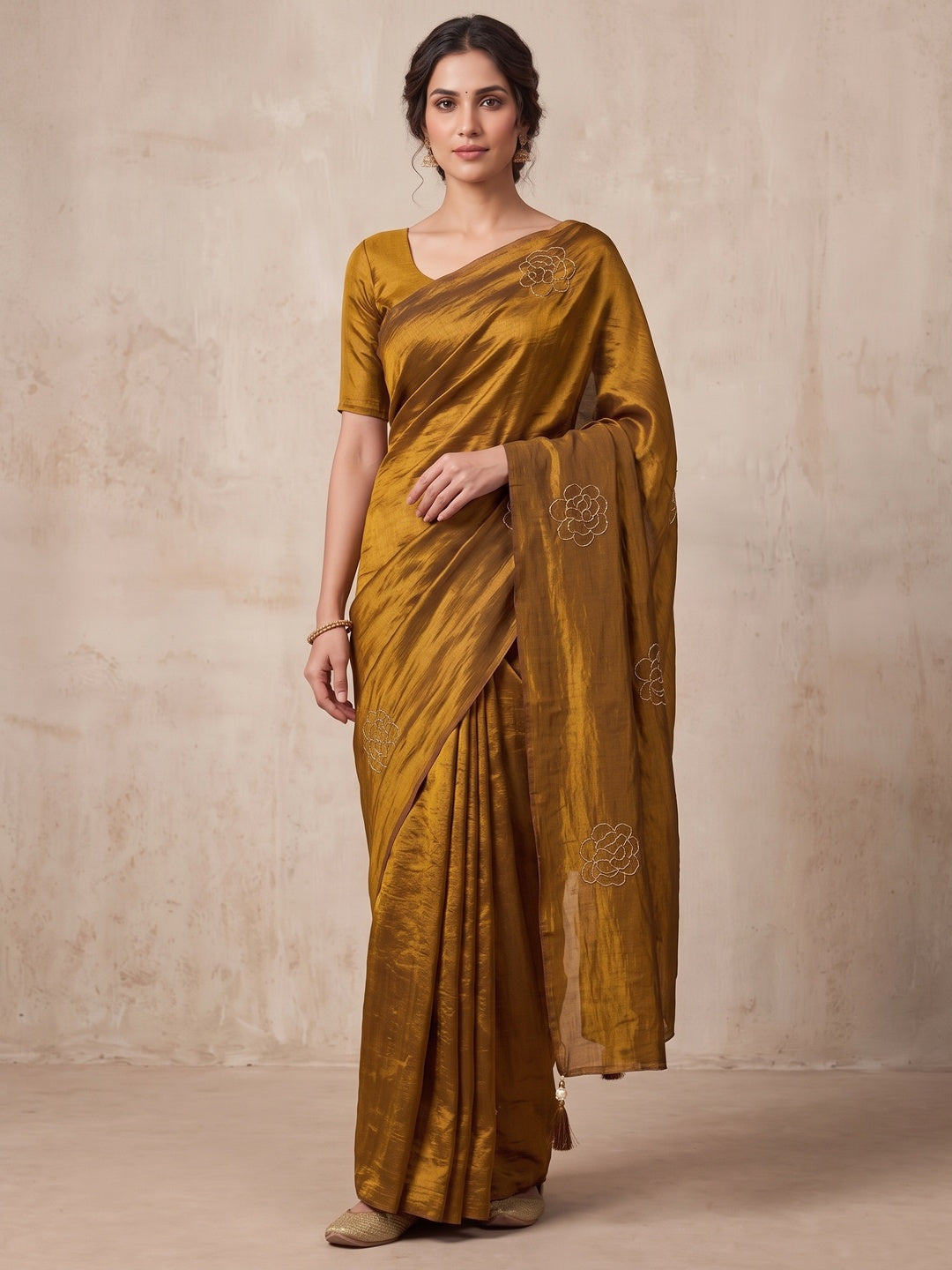 Peachmode Mustard Satin Floral Embroidered Saree - Image 4
