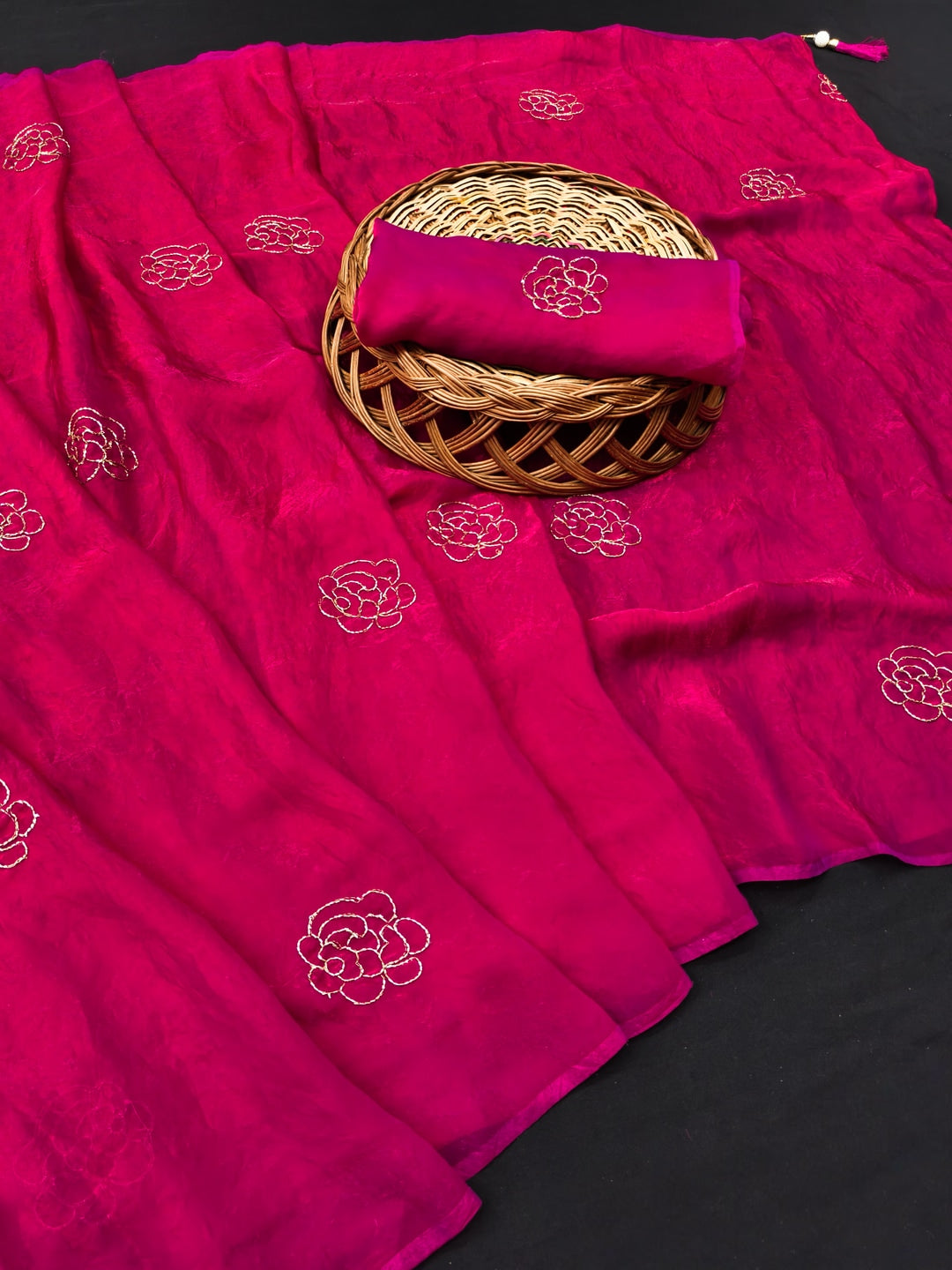 Peachmode Rani Pink Satin Floral Embroidered Saree - Image 2